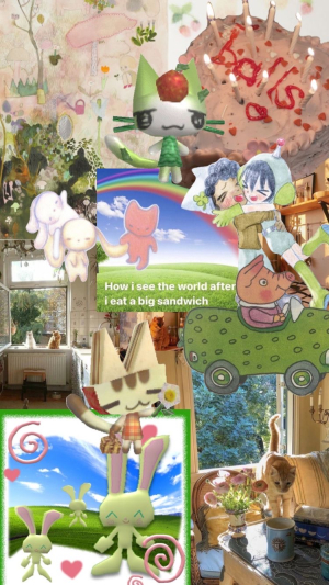 bright green collage with video game accents