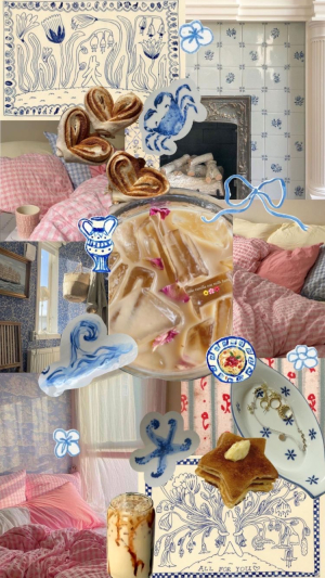 collage with pink and blue theme with coffee accents