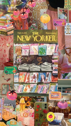 earth toned collage with a new yorker magazine at the center
