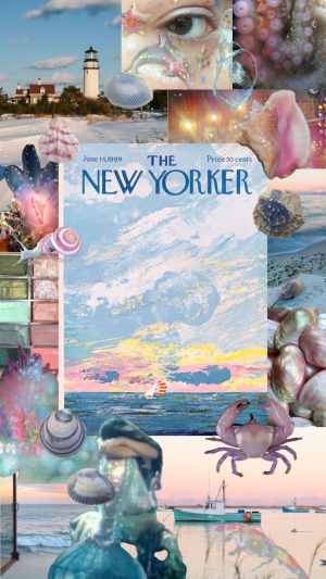 costal themed collage with a new yorker magazine cover at the center.
