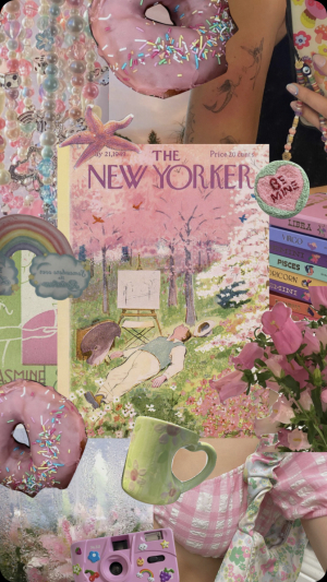 pink themed collage with a New Yorker magazine in the center