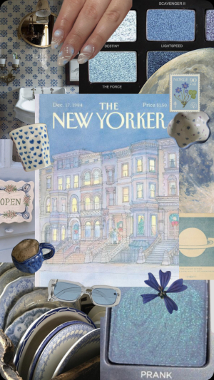 blue themed collage with a New Yorker magazine in the center