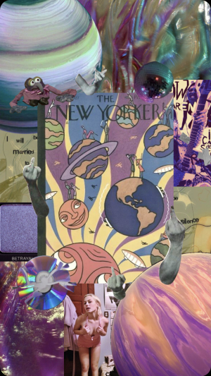 space themed collage with a New Yorker mag in the center