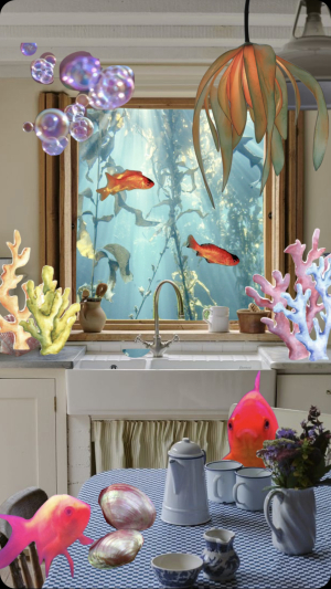 kitchen with fish in it and water in the window